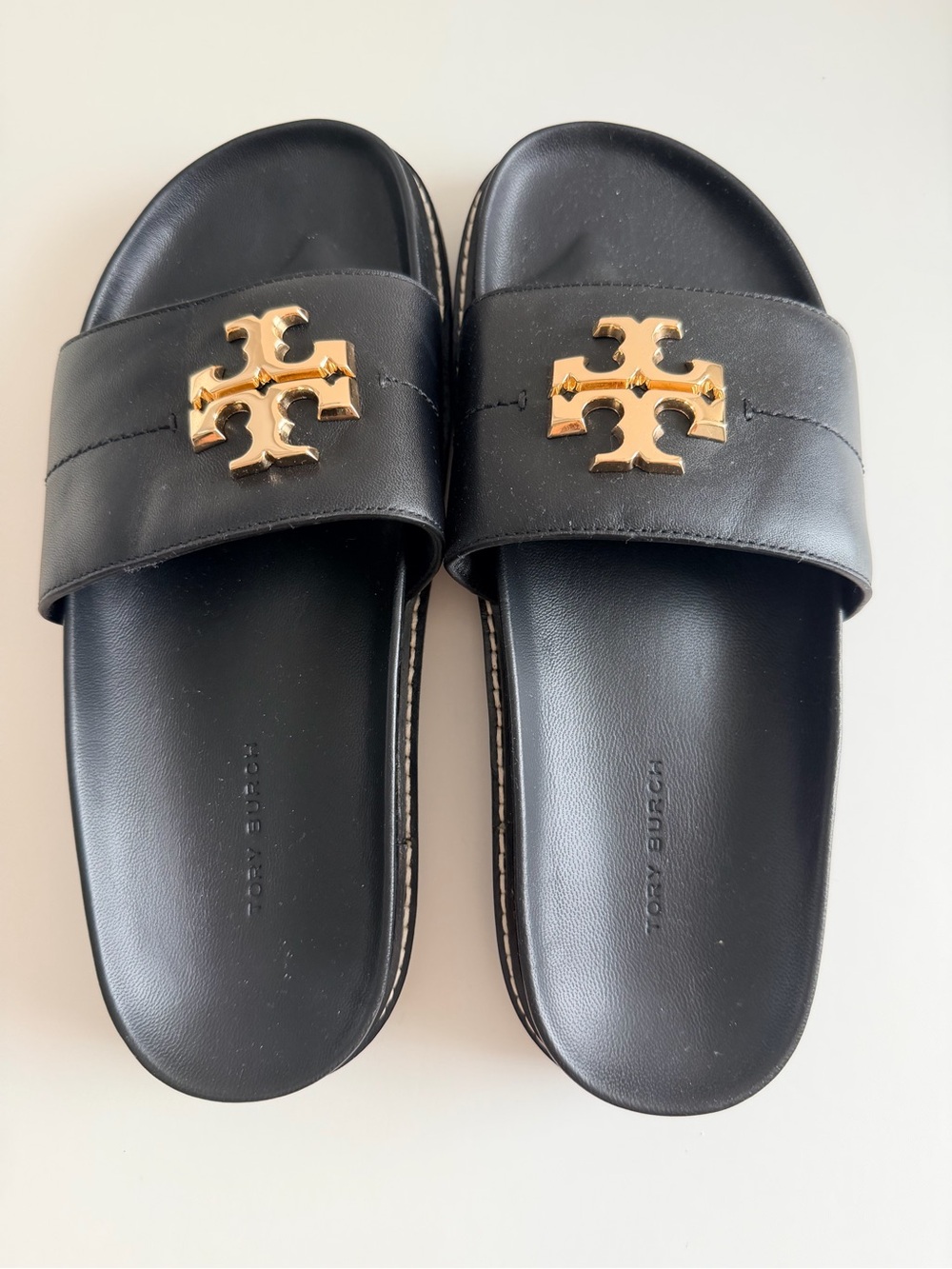 Tory Burch Black Leather Slide Sandals with Gold Emblem